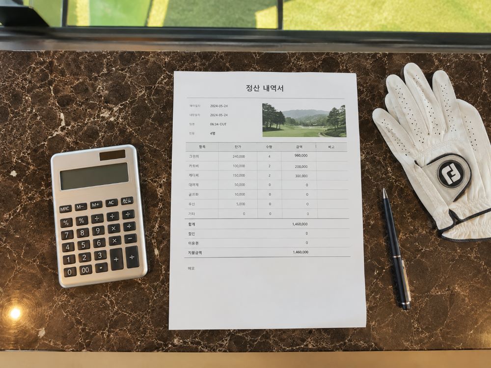 라운딩 중단 후 프런트에서 정산 내역서를 확인하는 장면