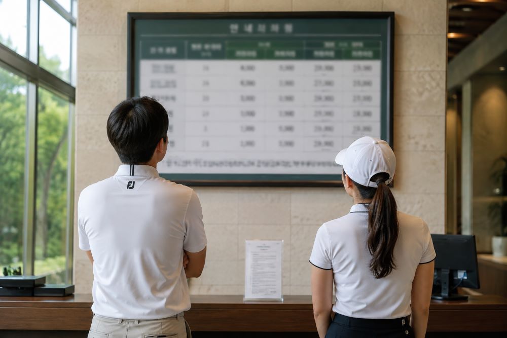 대중형 골프장과 회원제 골프장의 그린피 차이를 보여주는 요금 안내