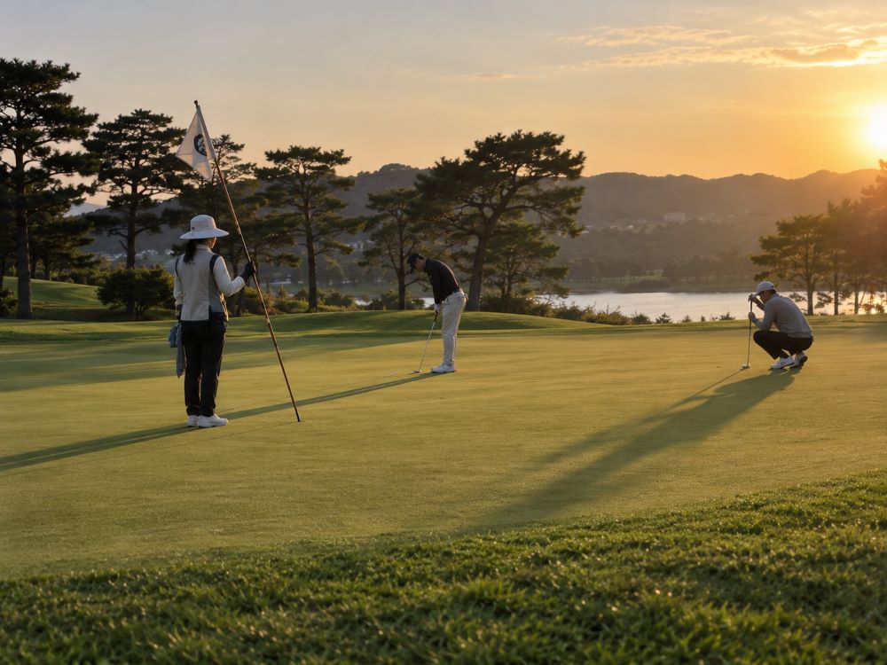 골프장 캐디 종류에 따라 달라지는 그린 위 깃대 관리 장면